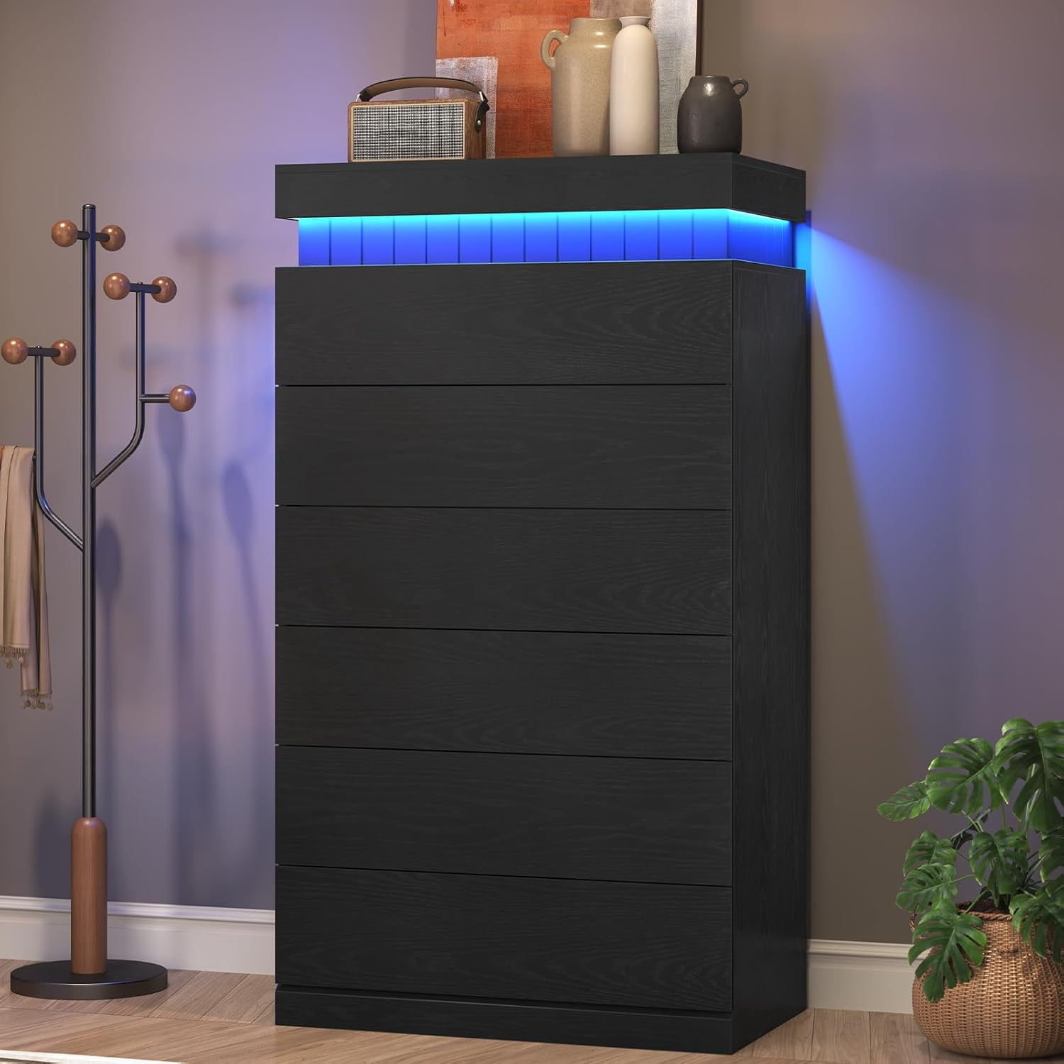 Modern Black 6 Drawer Dresser with Power Outlet & LED Lights, Wood Chest of Drawer Cabinet with Sliding Top, Floating Dressers for Bedroom, Living Room, Entryway, Weiplehoom