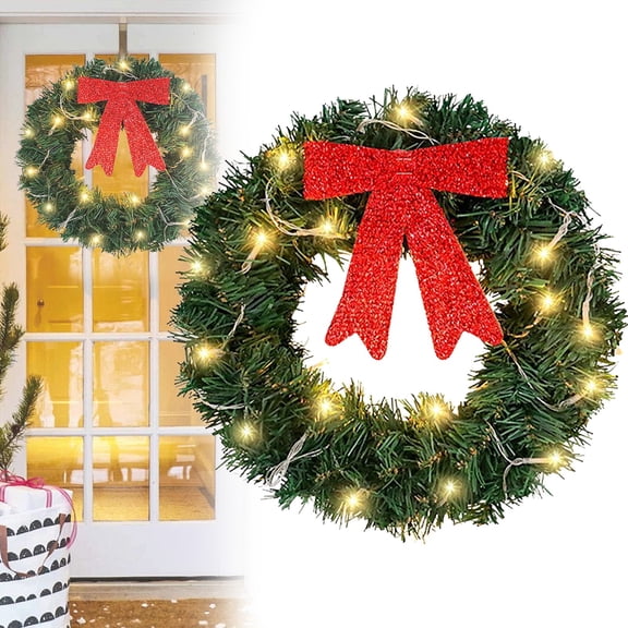 Pre Lit Christmas Wreath for Front Door, Lighted Wreath with 60 LED Lights, Berries & Bow, Battery Operated Christmas Wreath for Outdoor Home Window Wall