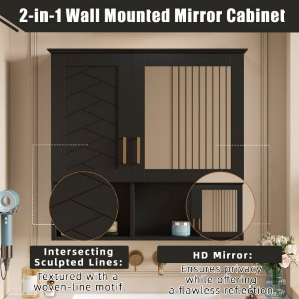 30" Wall Mounted Medicine Cabinet with Mirror, Bathroom Storage Cabinet with Adjustable Shelves, Soft Close Doors, Modern Mirror Cabinet for Bathroom Vanity, Black