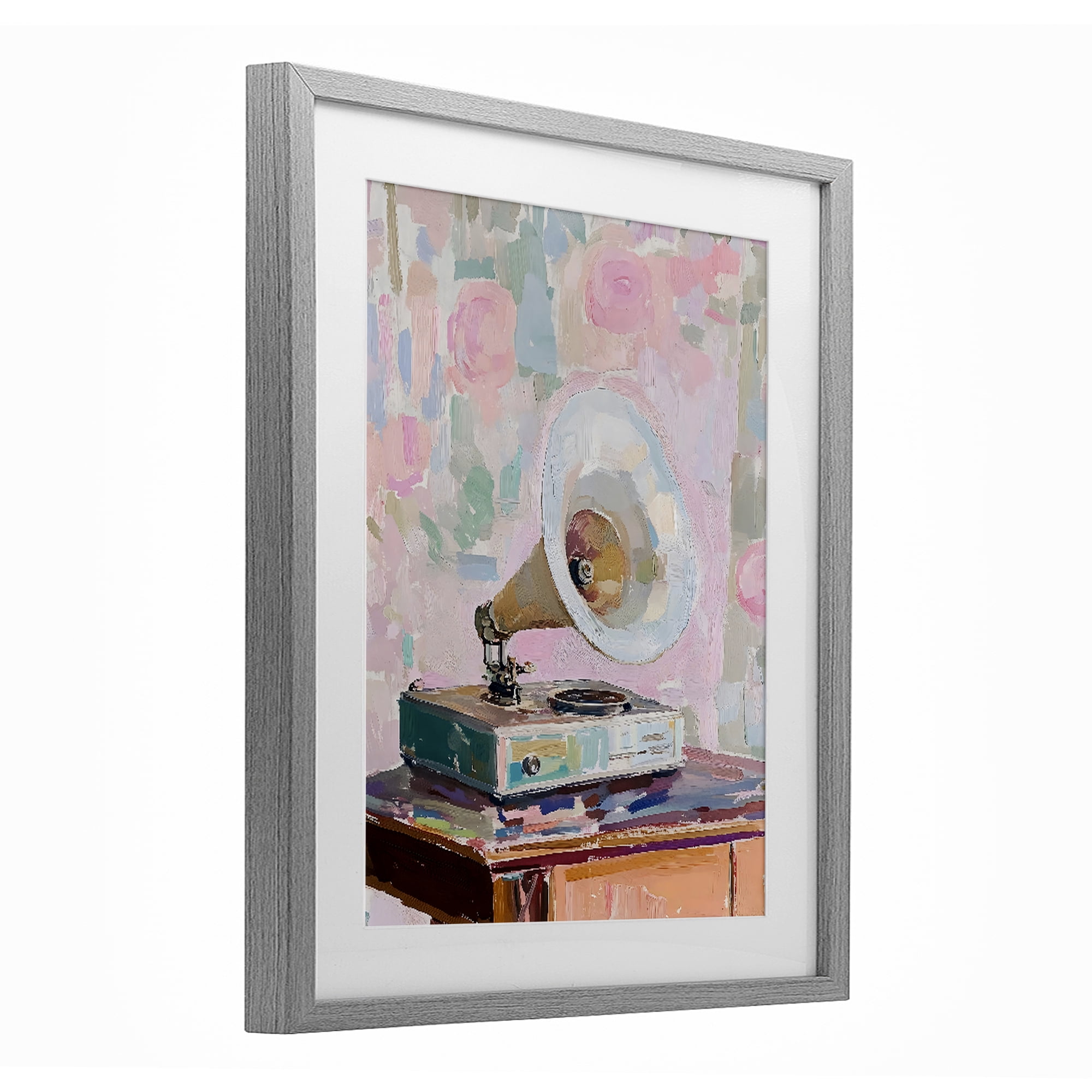 Stupell Industries Vintage Gramophone in Soft Pastels Gray Framed Print Under Glass, design by The Prints Vibe