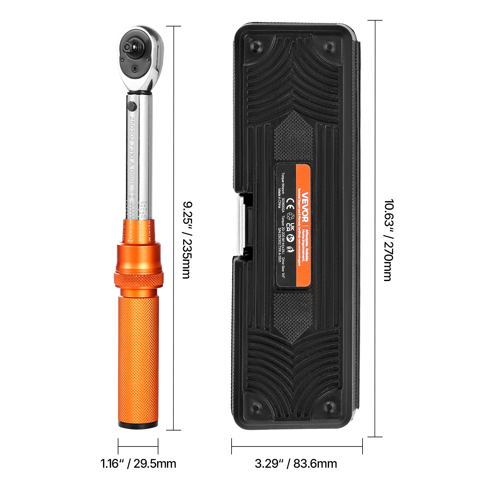 VEVOR Click Torque Wrench Set, 1/4Inch Drive, 20-200lbf-in/2.3-22.6N.m, Dual-direction and Dual Range Scales, 72-Tooth, ±3% High Precision,with Bit Sockets Extension Bar,for Bicycle Repair,Orange