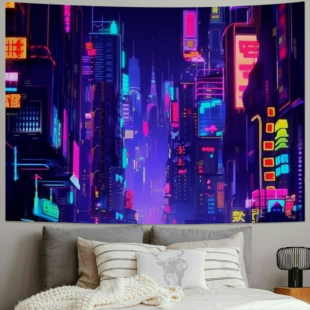 Creowell Trippy Neon Tapestry, Retro 80S Modern Punk Night City