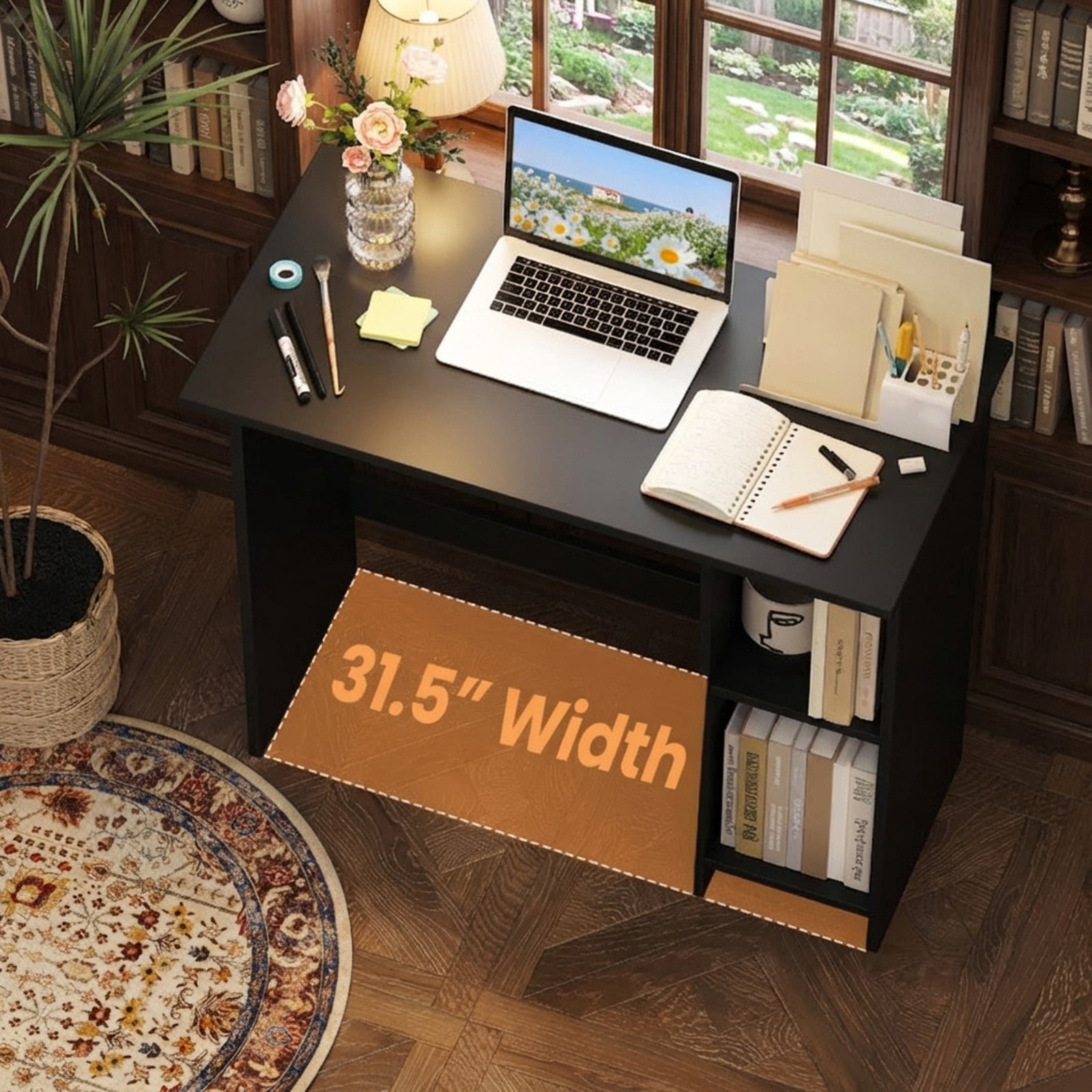 Furnibear Small Computer Writing Desk with 3-Position Adjustable Storage Shelf, Anti-Toppling Device and Reinforced Crossbar Black