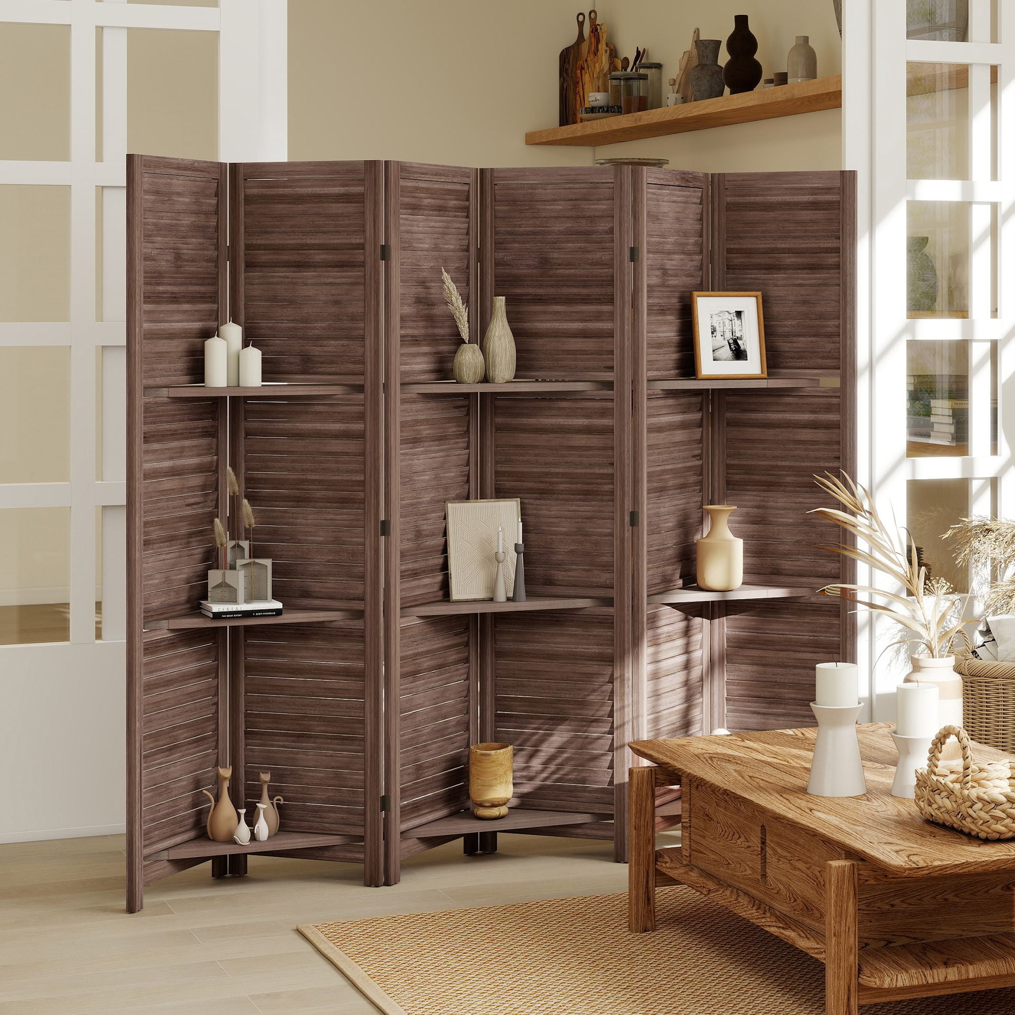 Alvantor 6 Panel Freestanding Room Divider in Walnut with Storage Shelves, 67 Inch Wood Privacy Screen