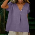 thumbnail image 4 of Women's Cotton Linen Shirts Short Sleeve Deep V Neck Button Down Casual Loose Fit Solid Color Basic Tees Purple, 4 of 8