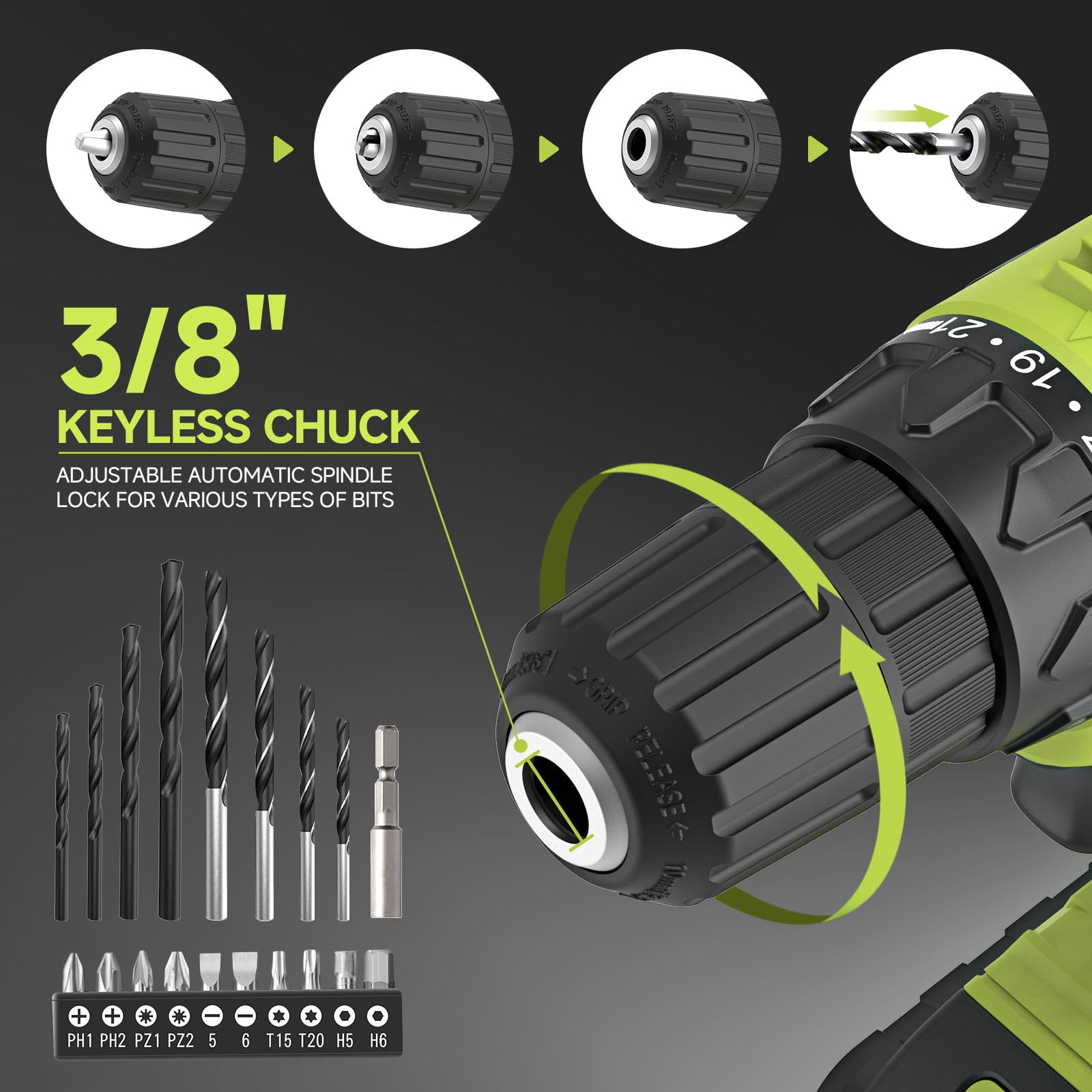 20V MAX Cordless Drill Set with Battery & Charger, 280 in-lbs Power Drill Kit, 2-Speed (0-1400 RPM), 21+1 Torque, 3/8" Keyless Chuck, 30pc Drill/Driver Bits, LED Light for Wood/Metal/Concrete(Green)