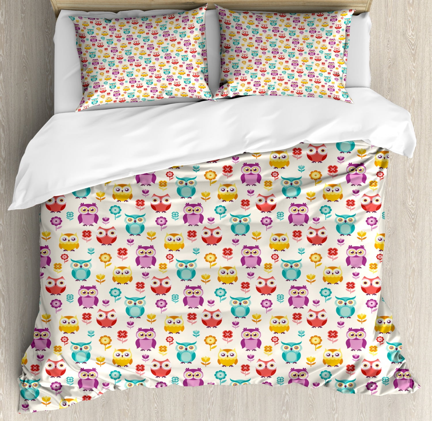 Owls Duvet Cover Set King Size, Lilies Popies and Daisies Lively