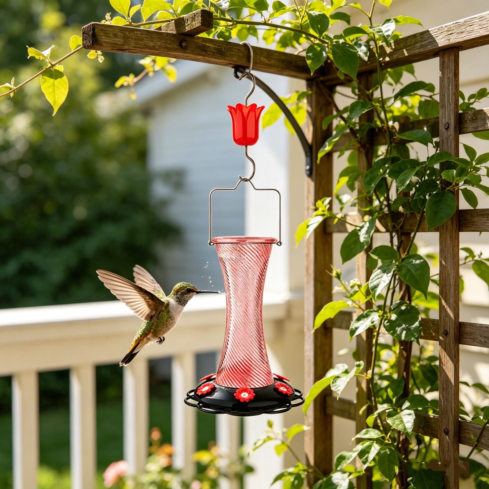 Hanging Glass Hummingbird Feeder, 7.8in Outdoor Decorative Wild Bird Nectar Feeder With Flower‑Shaped Ports