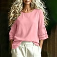thumbnail image 2 of hoksml Women's Cotton Linen Round Neck 3/4 Bell Sleeve Blouse with Eyelet Trim, Loose Fit Casual Summer Daily Wear Top, 2 of 7