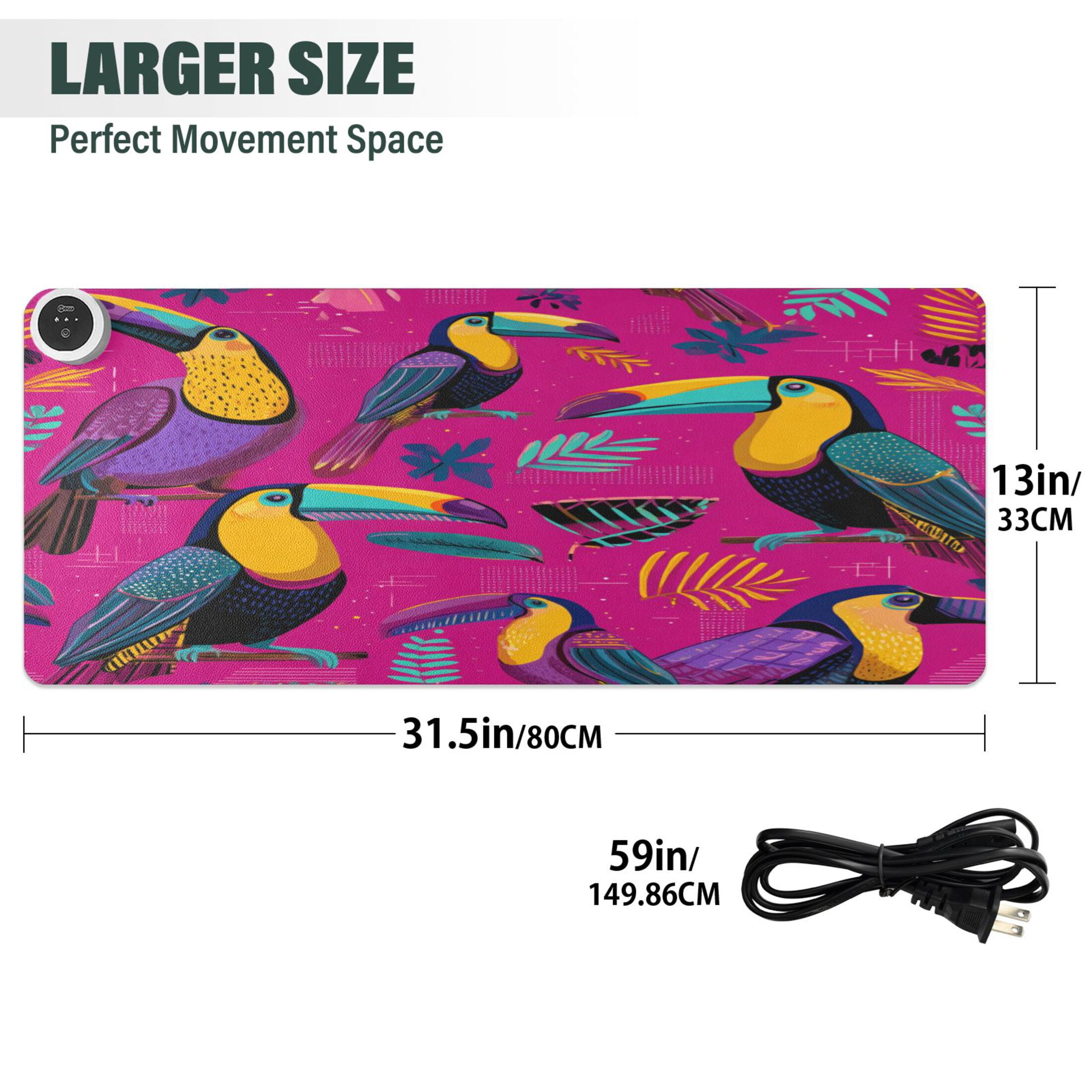 Large Heated Desk Mat Mouse Pad 31.5"x13"PU Leather Graphene Heating Desk Warmer with 3 Temperature Settings 110V US Plug Non-Slip Warm Pad for Home, Office, and Gaming Toucan in The Pink Jungle