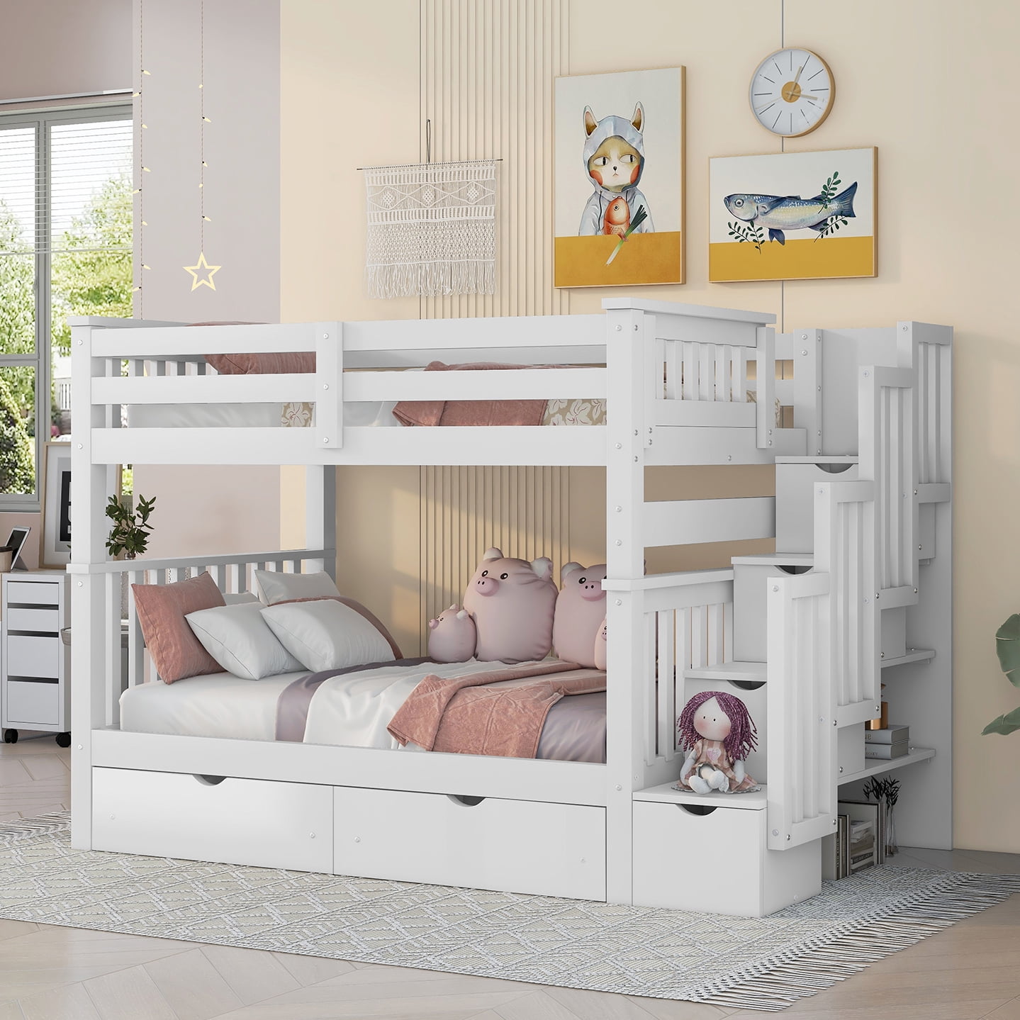 Bellemave Full Over Full Bunk Bed with Stairs and 6 Storage Drawers