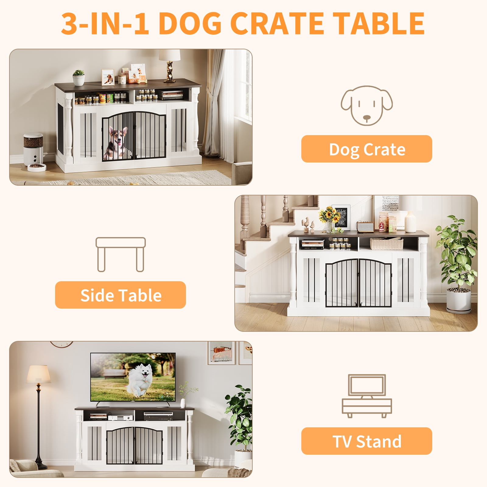Heavy Duty Double Dog Crate Furniture for 2 Small & Medium Dogs - 63" Roman Column Wooden Kennel with Semi-Open Storage, TV Stand Table, Double Sliding Barn Doors - Natural Wood Finish