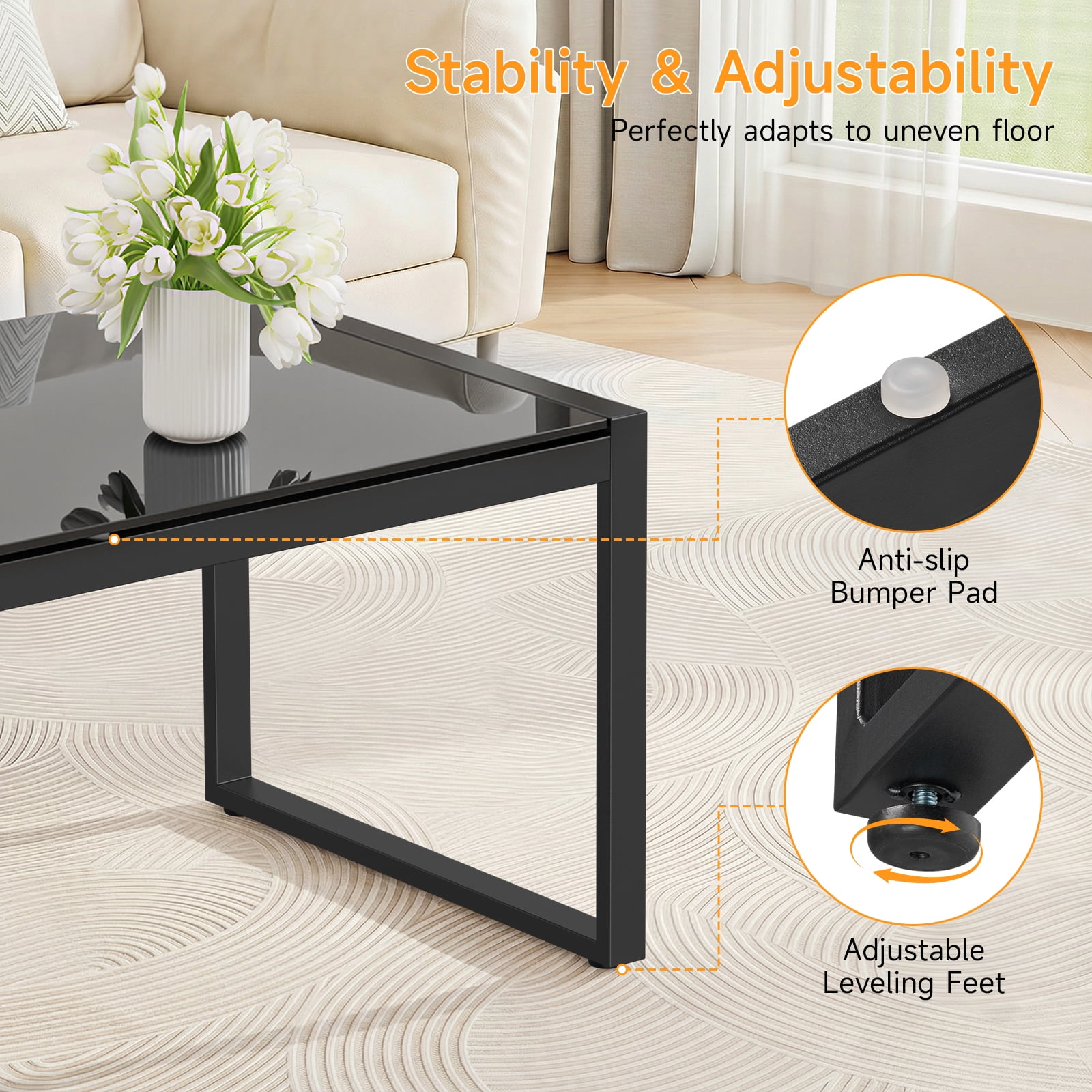 Dovov Outdoor Patio Coffee Table with Glass Top, All Weather Metal Rectangle Coffee Table Indoor Outdoor Glass Table for Patio Living Room, Black