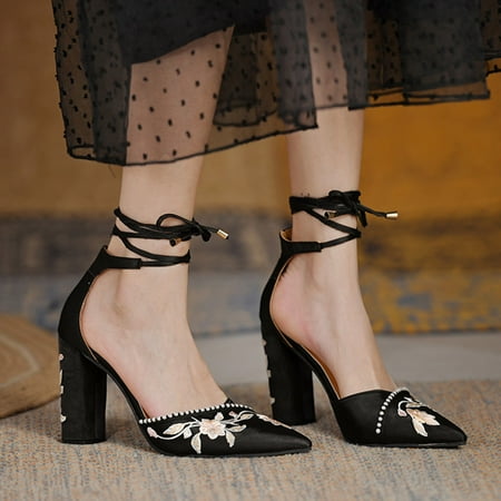 

Women Shoes Embroidery Sandals Women Heels Flowers Pointed Shoes Single Lace Up Toe Casual Women s High Heels Black 9