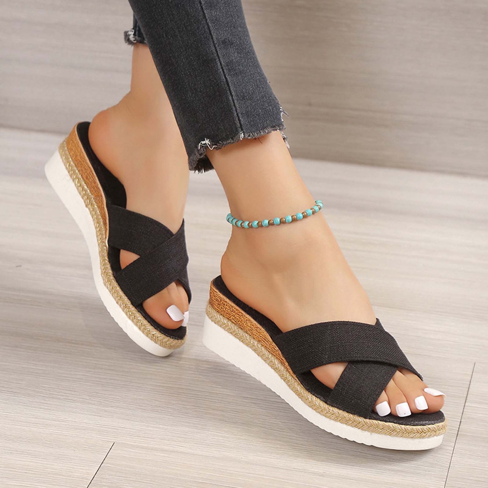 SuoKom Flats Shoes Women Dressy Womens Summer Fashion Casual Slippers Open Toe Thick Bottom Flax Slippers Flat Shoes For Women Dressy On Clearance