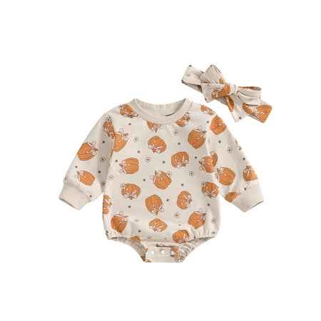 

Shuttle tree Halloween Baby Girls Romper Long Sleeve Bow Pumpkin Print Bodysuit