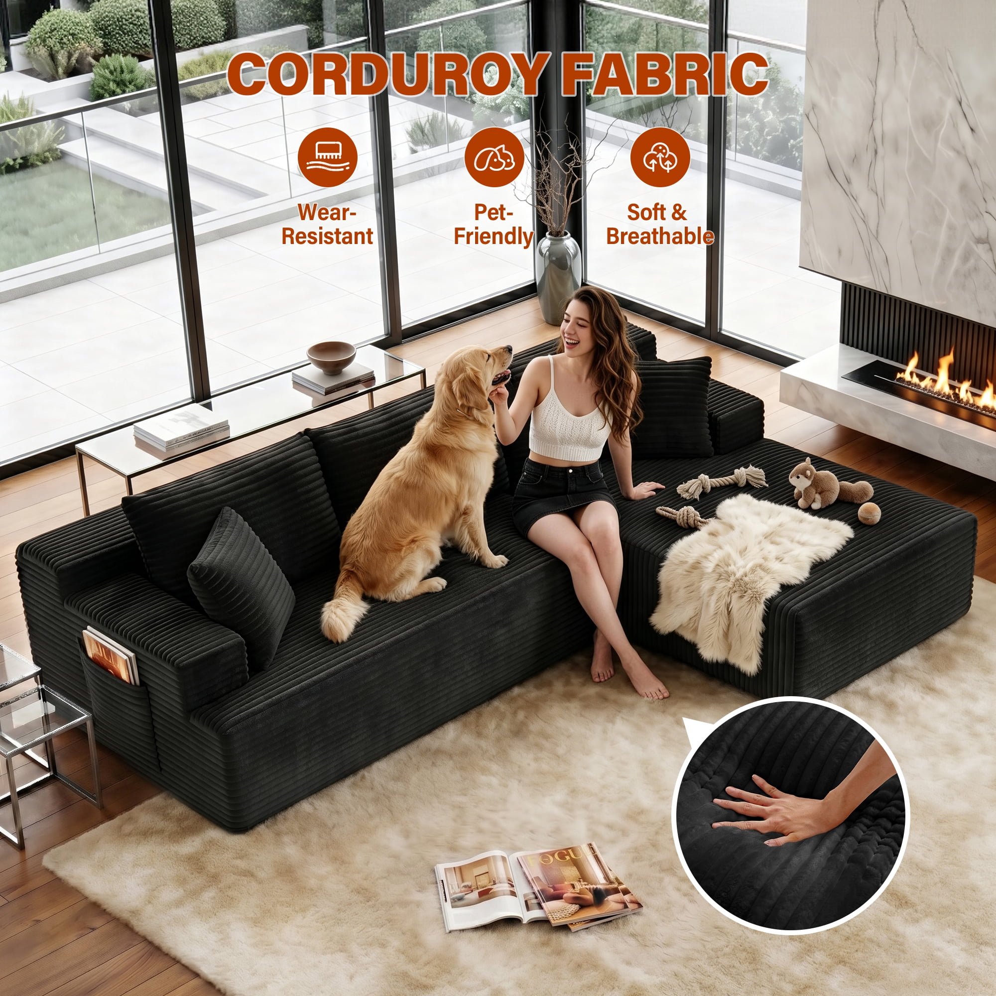 Aukfa 96" Cloud Sectional Couch, Modular L Shaped Boneless Sofa with Right Facing Chaise&2 Storage Pockets, Dark Gray