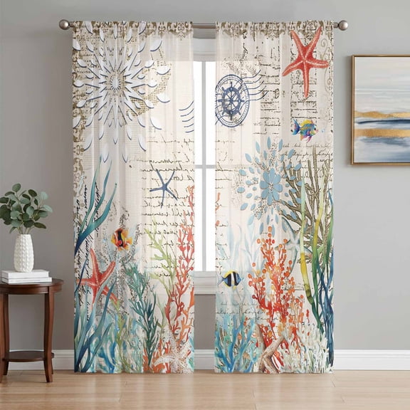 Vintage Coastal Sheer Curtains 96 Inch Length 2 Panels Set, Summer Beach Coral Starfish Nautical Voile Window Treatment Semi Sheer Long Curtains Drapes for Bedroom/Living Room/Kitchen 52"x96"x2