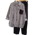 thumbnail image 2 of sunsanly 2Pcs/Set Shirt Pants Set Long Sleeve Casual Trendy Elastic Waist Breathable Daily Garment Polyester Stripes Blouse Pants Suit Spring Clothes, 2 of 8