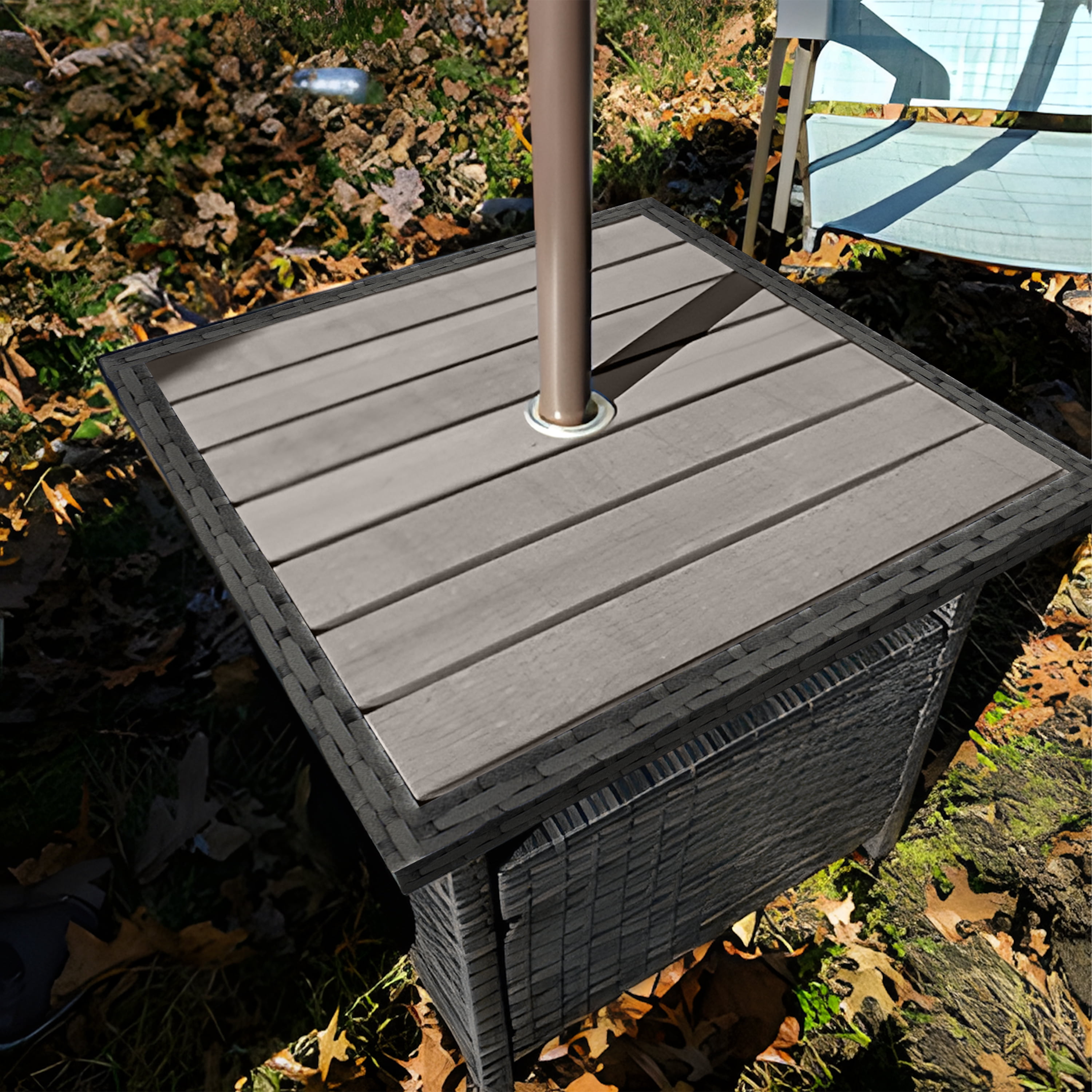 Outdoor Patio Side Table Umbrella Stand All-Weather PE Wicker Rattan Umbrella Table Furniture  for Garden Deck Pool Gray