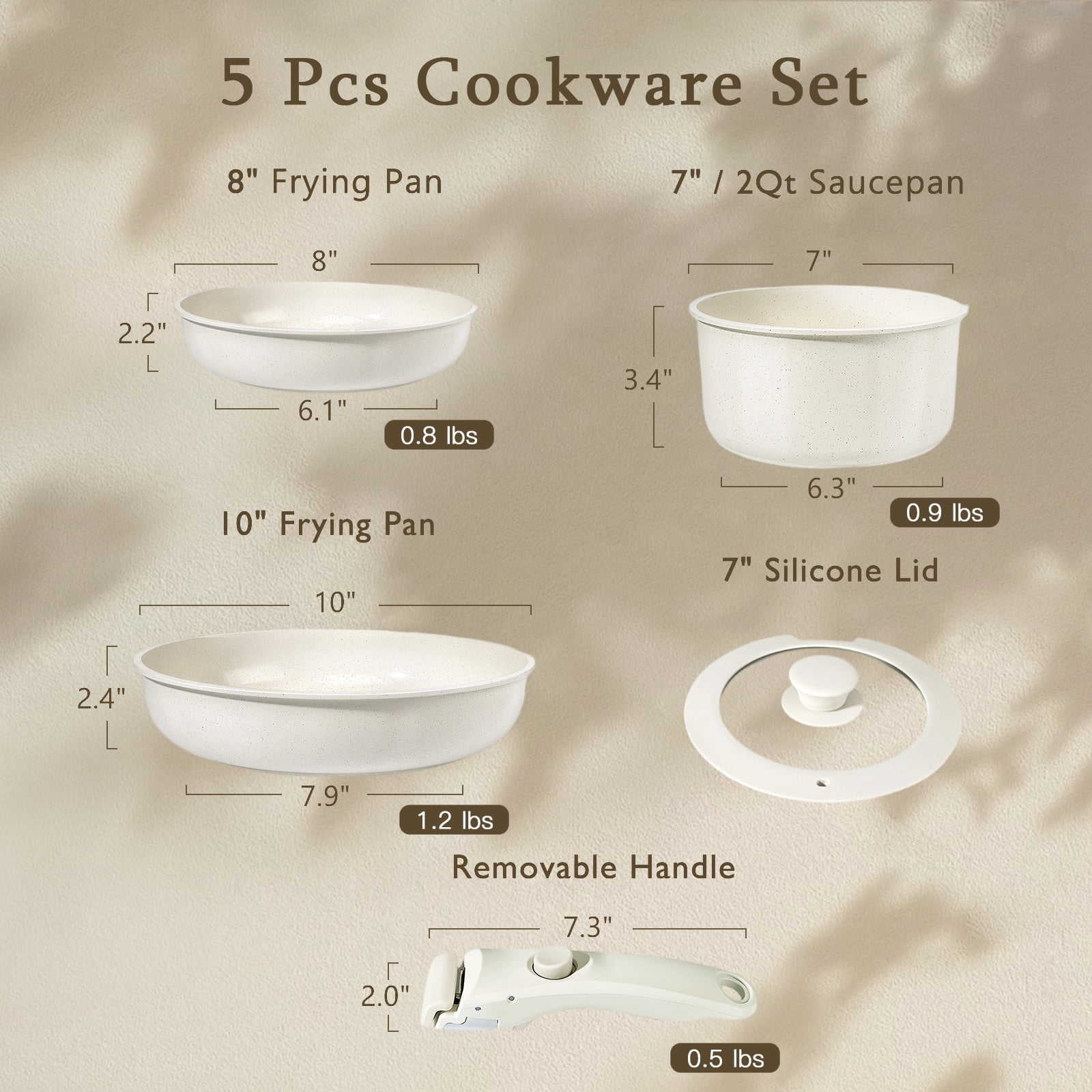 GiPP 5Pcs Ceramic Pots and Pans Set Nonstick Cookware Sets Removable Handle Kitchen,Oven Safe, Induction Ready