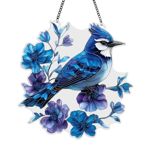 Stained Glass Window Hanging Floral Blue Decorative Art Handmade Acrylic Ornament For Home Garden