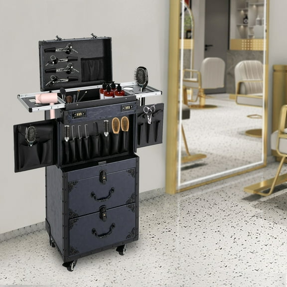 Professional Makeup Case Trolley with Combination Lock, Large Capacity, 4 Universal Wheels – Stylish, Durable PU & Woodboard Construction for Hairdressing, Cosmetics, and Traveling