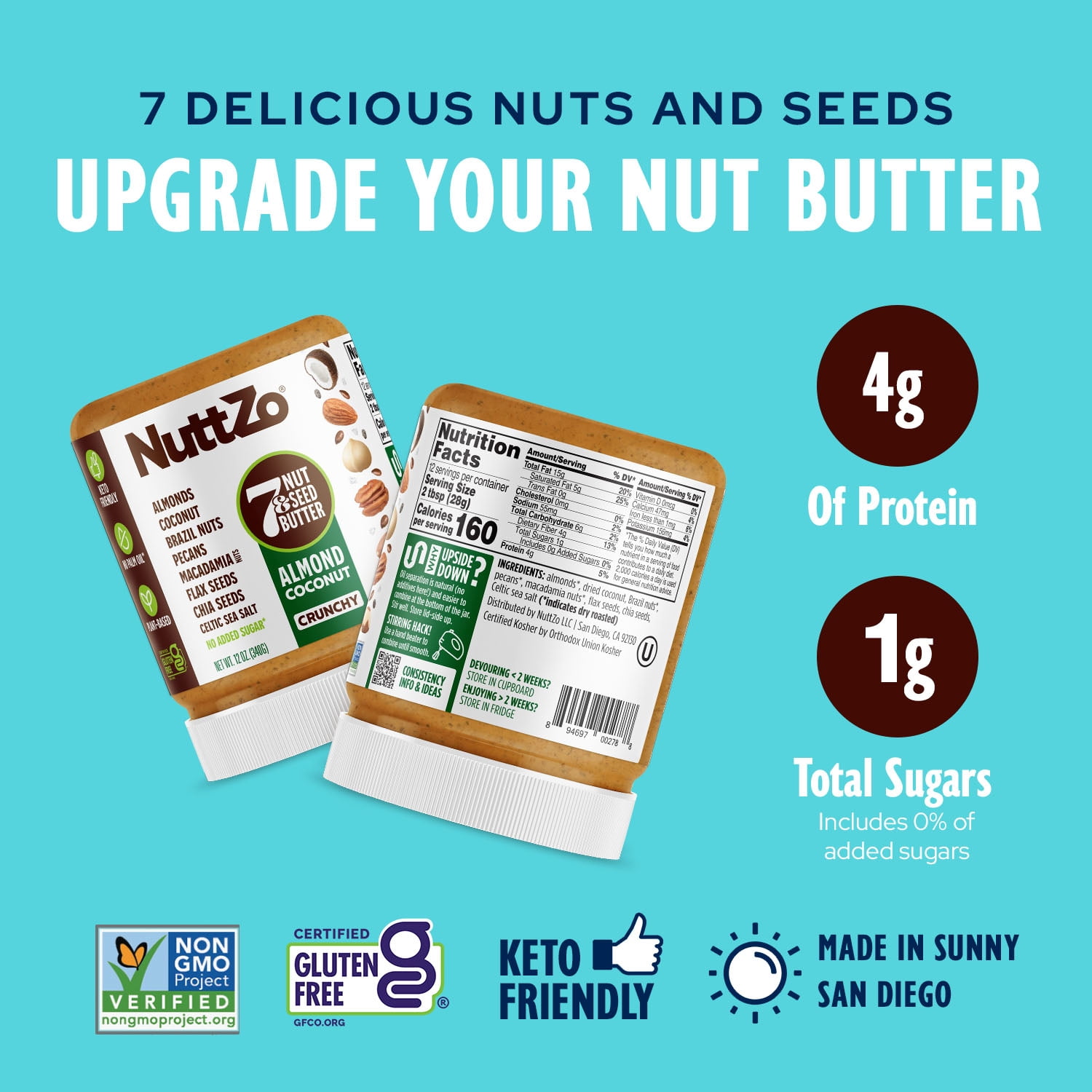 (2 pack) NuttZo, Dark Chocolate Almond Coconut 7 Nut & Seed Butter, Plant-Based, No Palm Oil,12 oz Jar