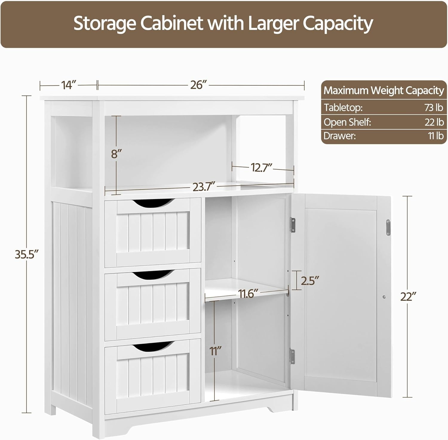 GMNIU Bathroom Storage Cabinet Bathroom Floor Cabinet Freestanding Storage and Organizer with Door, 3 Drawers, Adjustable Shelf, 35.5 Inches Height, White