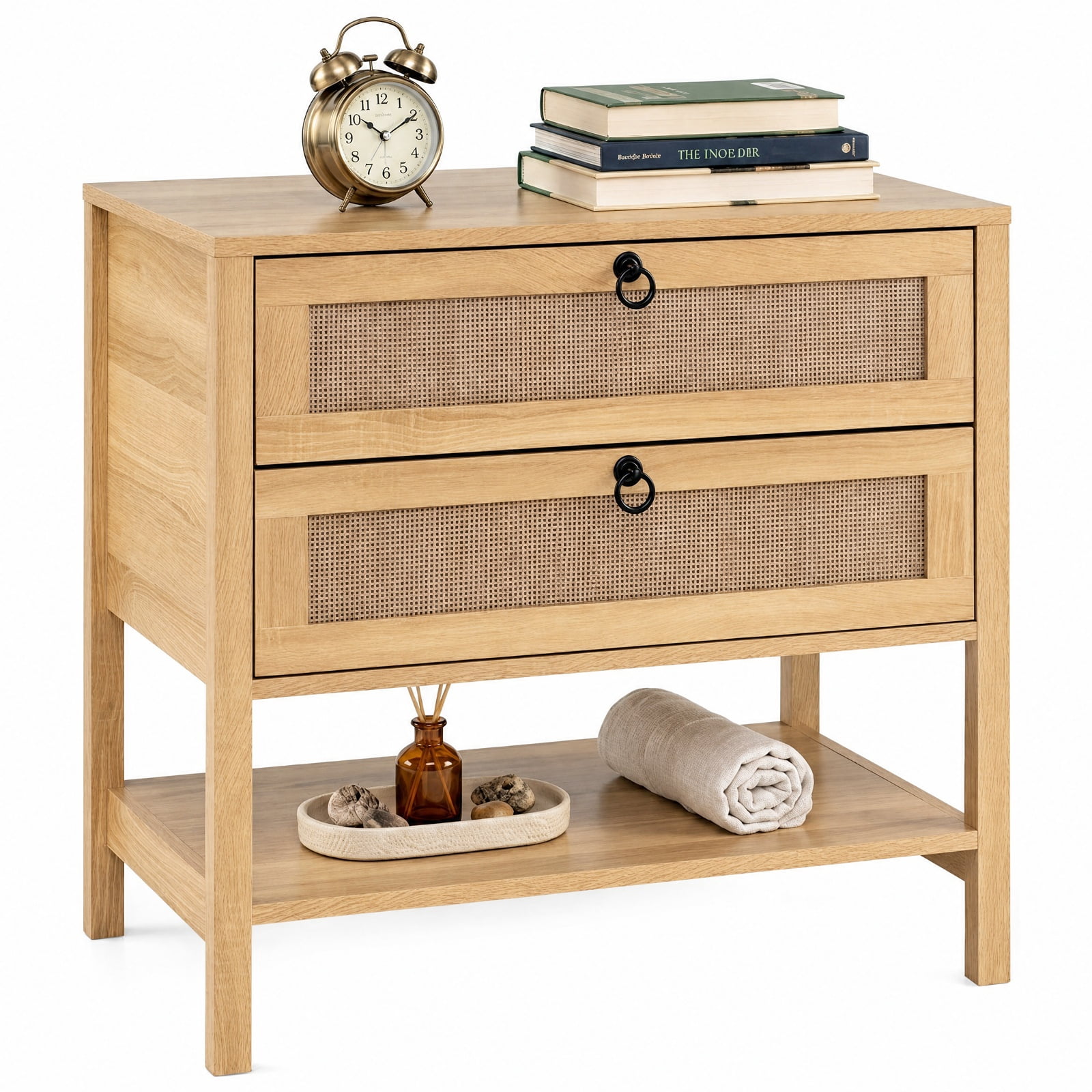 Furnibear Boho Rattan Nightstand with 2 Drawers and Bottom Open Shelf for Bedroom Living Room Bedside Sofa Side Small Space, Natural