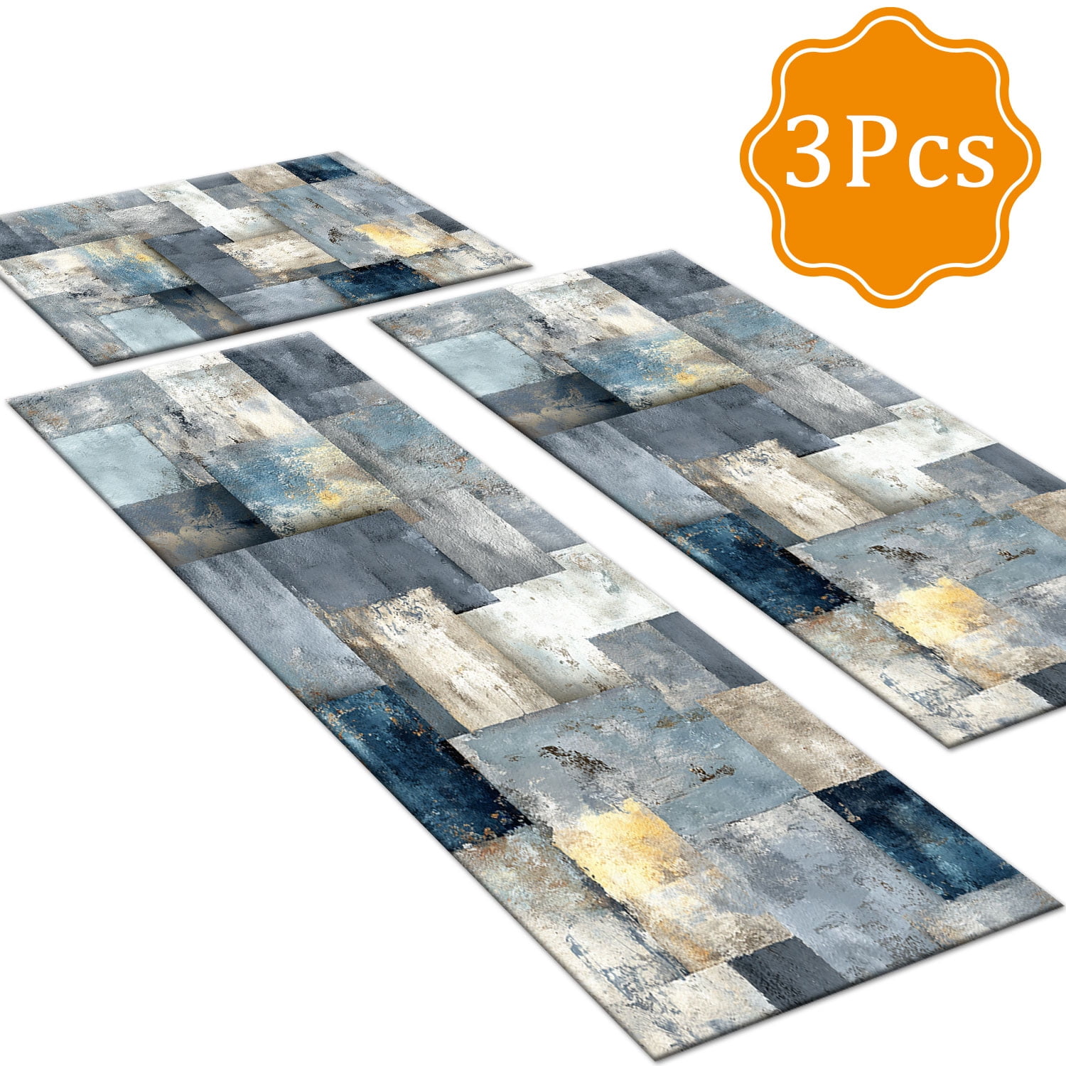3 Piece Kitchen Rug Set, Non-Slip And Washable, Abstract Pattern Kitchen Hallway Rug, Soft And Comfortable, Suitable For Sinks, Floors, Entrances, Hallways and Bathrooms