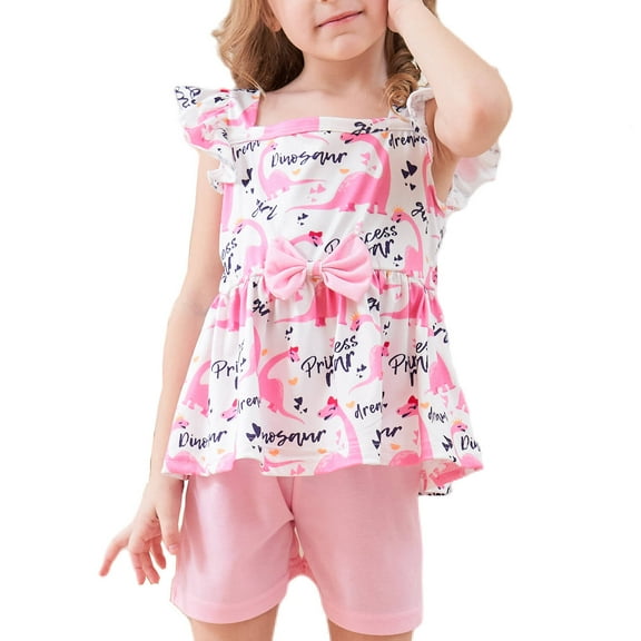 Toddler Girls Summer Dinosuar Outfit Ruffle Sleeve Bow Top and Shorts Clothing Set Holiday Party Clothes (6851-18-24M)