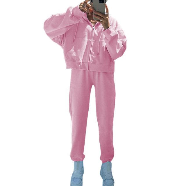 Conjunto de Chándal de 2 Piezas para Mujer, Sudadera de Larga con Cremallera y Pantalones de Chándal de Pierna , Conjuntos de Estar por Casa, Otoño Rosa L