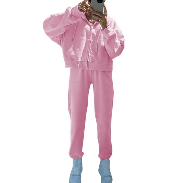 Conjunto de Chándal de 2 Piezas para Mujer, Sudadera de Larga con Cremallera y Pantalones de Chándal de Pierna , Conjuntos de Estar por Casa, Otoño Rosa M
