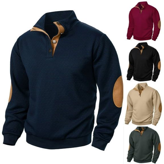 Momasggi Sweatshirts for Men Quarter Button Stand Collar Pullover Tops Colorblock Long Sleeve Sweatshirts Outdoor Workout Gym Sports Sweatshirt with Elbow Patches Navy 2XL