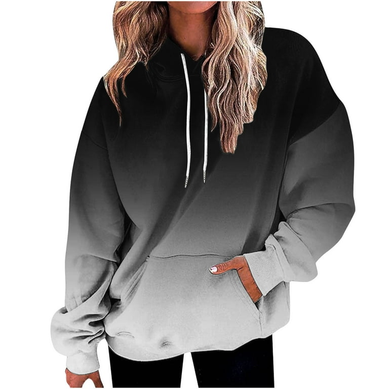 CYMMPU Women's Drawstring Pocket Hoodies Tops Clearance Gradient Color  Pullover Sweatshirt Trendy Casual Long Sleeve Sweatshirt Comfy Clothes for  2023 Black XXL 