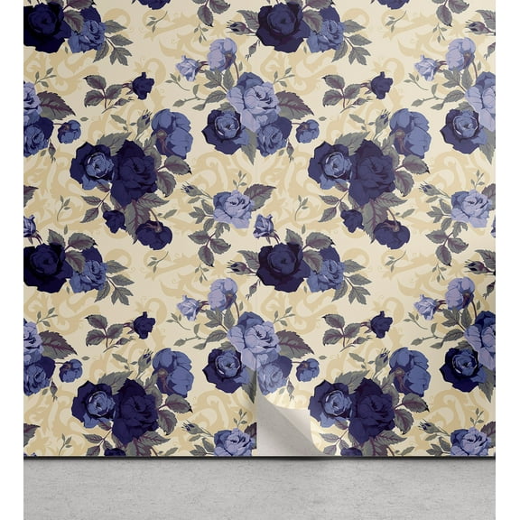 Ambesonne Floral Peel & Stick Wallpaper for Home, Rose Blossoms Illustration, 13"x36", Quartz Dark Indigo and Beige