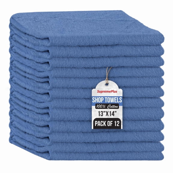 SupremePlus Blue Shop Towels 12 Pack, 13 x 14 Inches, Reusable Cotton Cleaning Rags for Commercial, Household, Garage, and Workshop Use