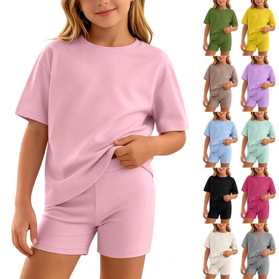 Vornjynx Girls Outfits 2 Piece Round Neck T-Shirt and Skinny Shorts Breathable Comfort Summer Soft Casual Clothes Brown Size 7