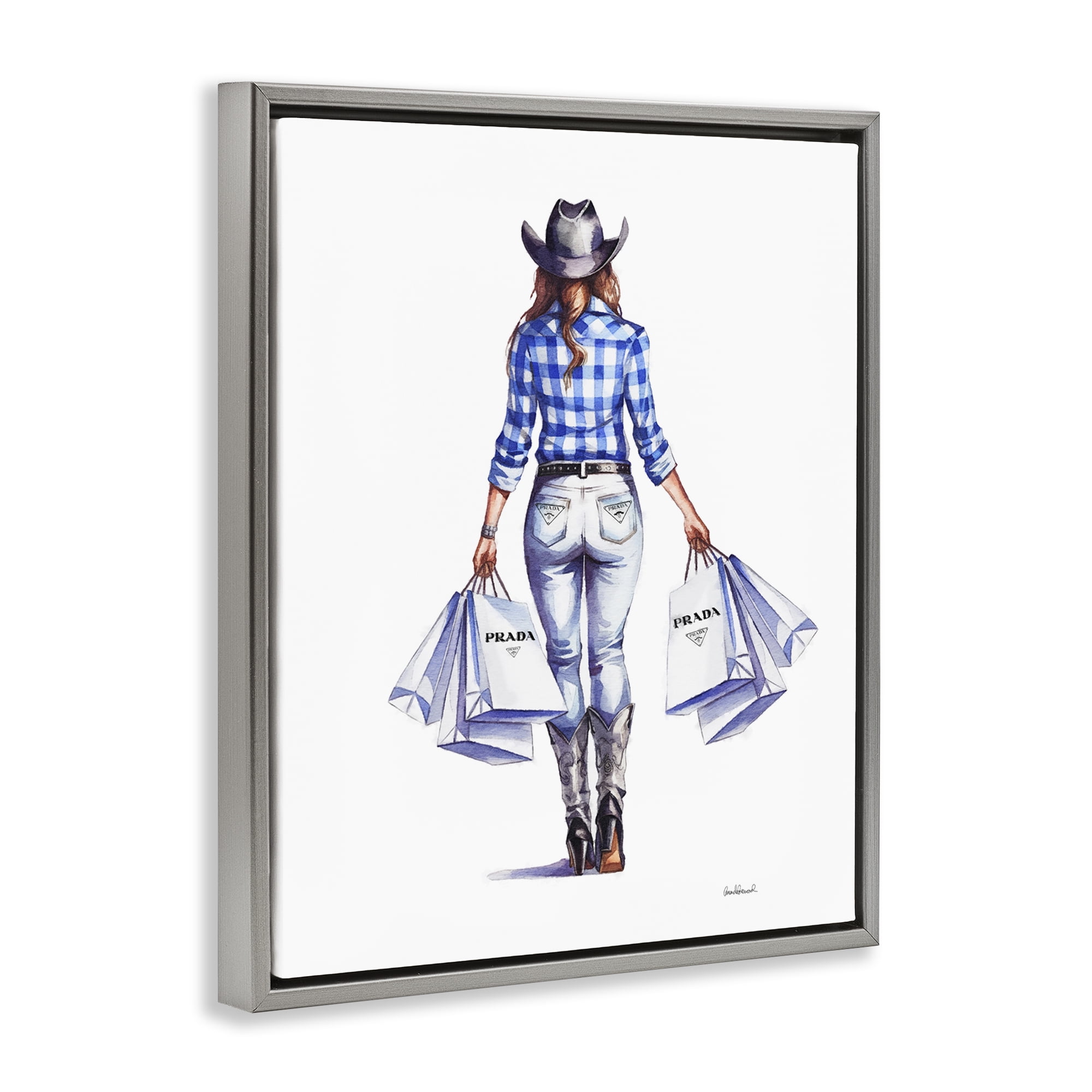 Stupell Industries Chic Cowgirl & Shopping Bags People Painting Gray Floater Framed Canvas Art Print Wall Art, 17 x 21
