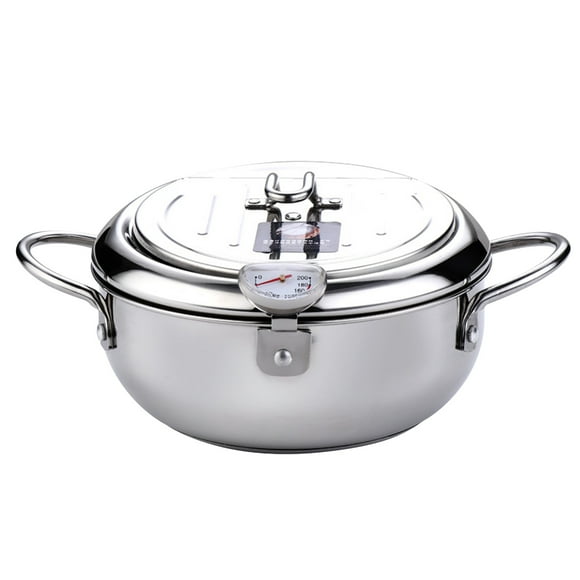 Deep Fryer Pot Stainless Steel Japanese Style Fryer with a Thermometer and Oil Drip Drainer Rack for French Fries Shrimp Chicken Fish