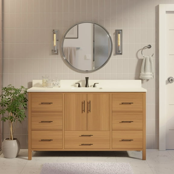 California 60" Single Bathroom Vanity with Blonde Cabinet and Matte White Top