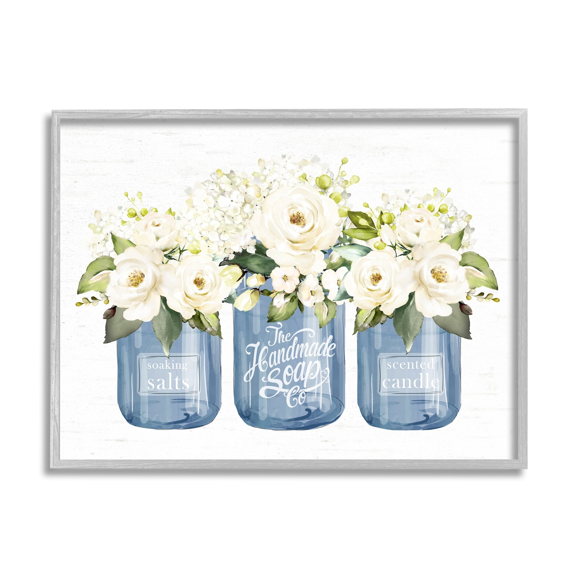 Stupell Industries White Rose Flower Bouquets Blue Farmhouse Jars Graphic Art Gray Framed Art Print Wall Art, Design by Lettered and Lined
