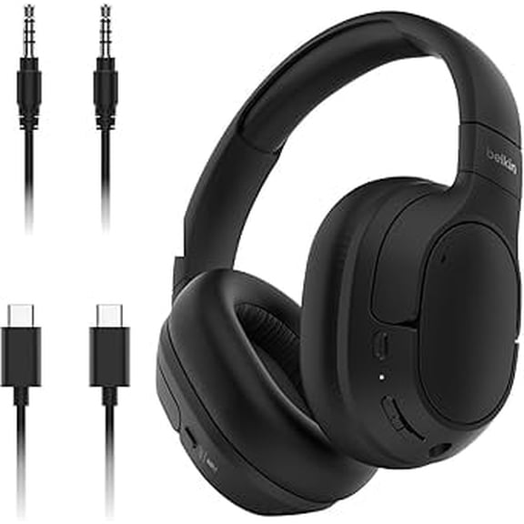 Belkin SoundForm Isolate Bluetooth Over-Ear Headphones - Hybrid Active Noise Cancelling Headphones - Wireless w/ 60H Playtime, Fast Charging & CloudCushion Ear Cups for Travel, Home, Office - Black