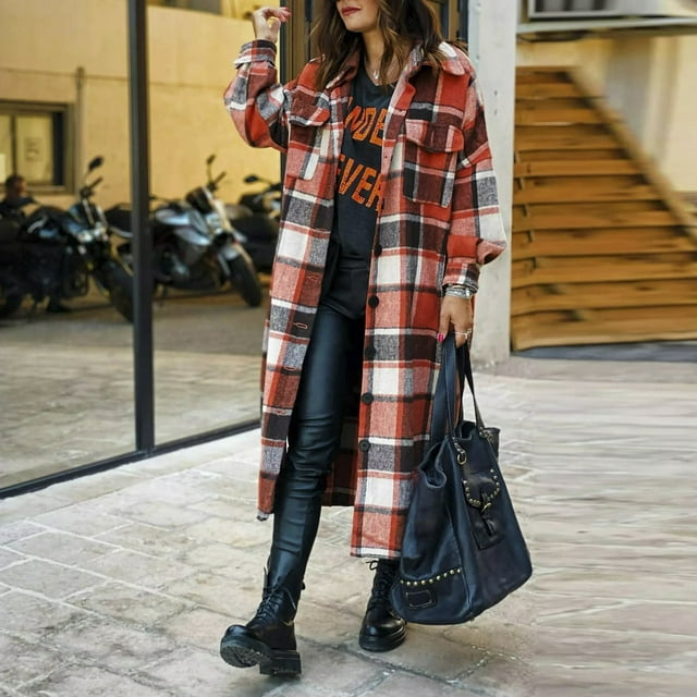 Femmes Mode Outwear Plaid Imprimé Revers à Manches Longues Veste Longue Trench-Coat
