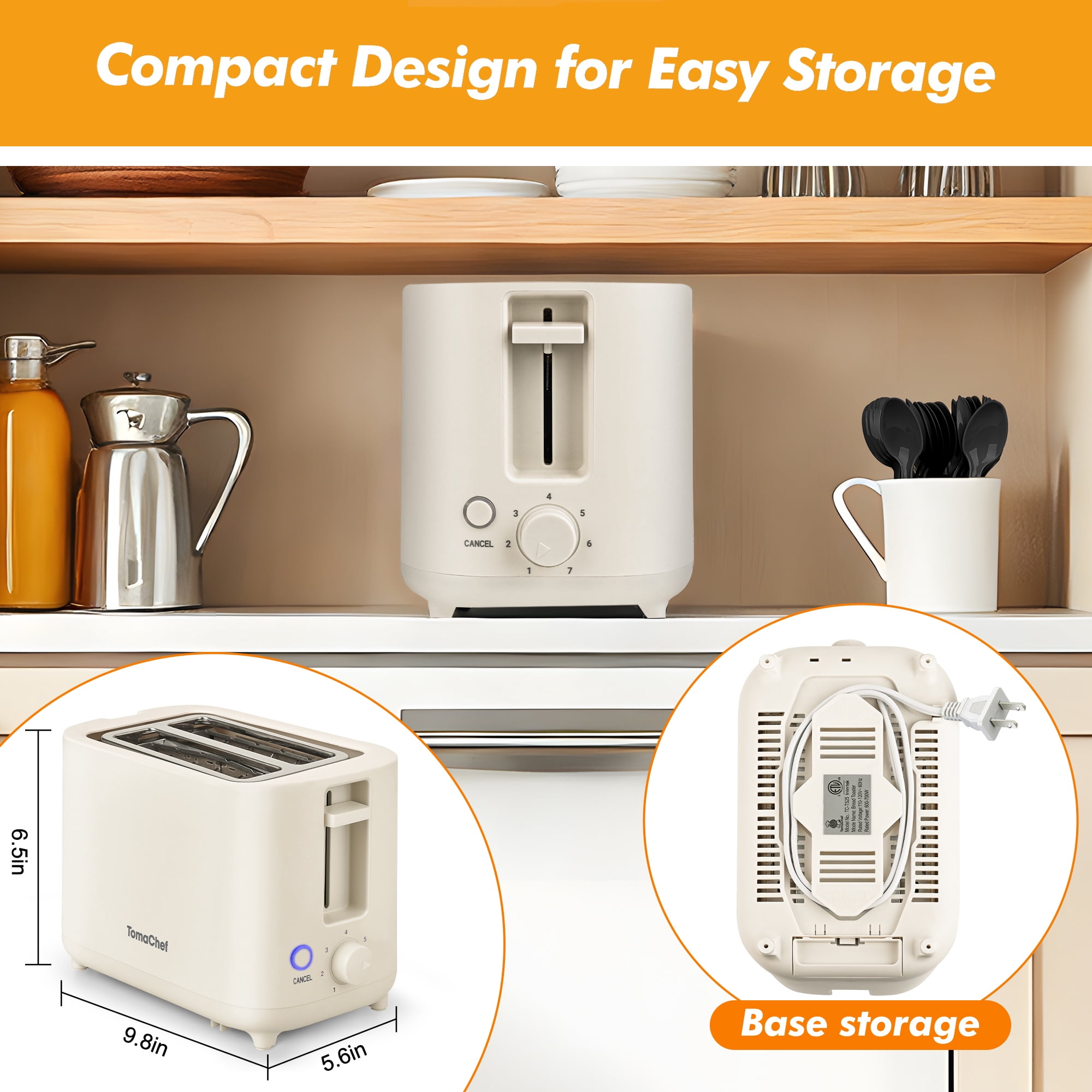 TomaChef 2-Slice Toaster, 7 Shade Settings, Extra-Wide Slots for Bagels and Bread, Removable Crumb Tray, Compact Design, Off-White