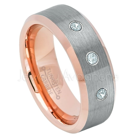 2-Tone Rose Gold Beveled Tungsten Ring - 0.21ctw Aquamarine 3-stone Band - Personalized Tungsten Wedding Ring - Custom Made March Birthstone Ring TN742BS