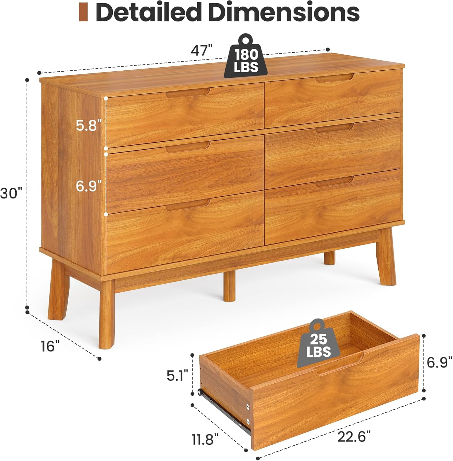 VITALOOM 47" Wide Wooden Dresser for Bedroom, Mid-Century Modern 6 Drawer Double Dresser with Walnut Wood Grain, Large Horizontal Storage Chest for Living Room, Anti-Tip Kit, Caramel