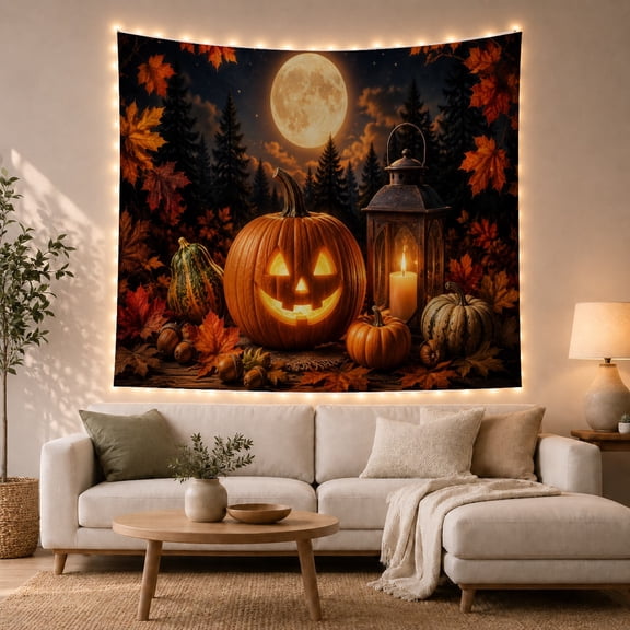 Glowing Jack-O-Lantern with Pumpkins and Gourds on a Wooden Surface, Cozy Rustic for Autumn Enthusiasts, Still Life Art Decor, Halloween Gift, Tapestry Wall Hanging for Living Room and Bedroom