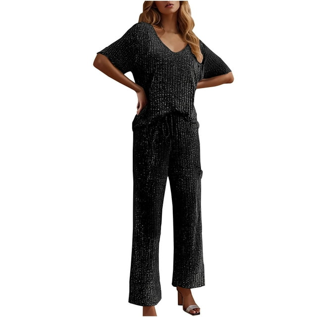 Women's 2 Piece Lounge Set V Neck Shirts Wide Leg Pants Summer Matching Sets Travel Outfits Shiny Ribbed Knit Tracksuit